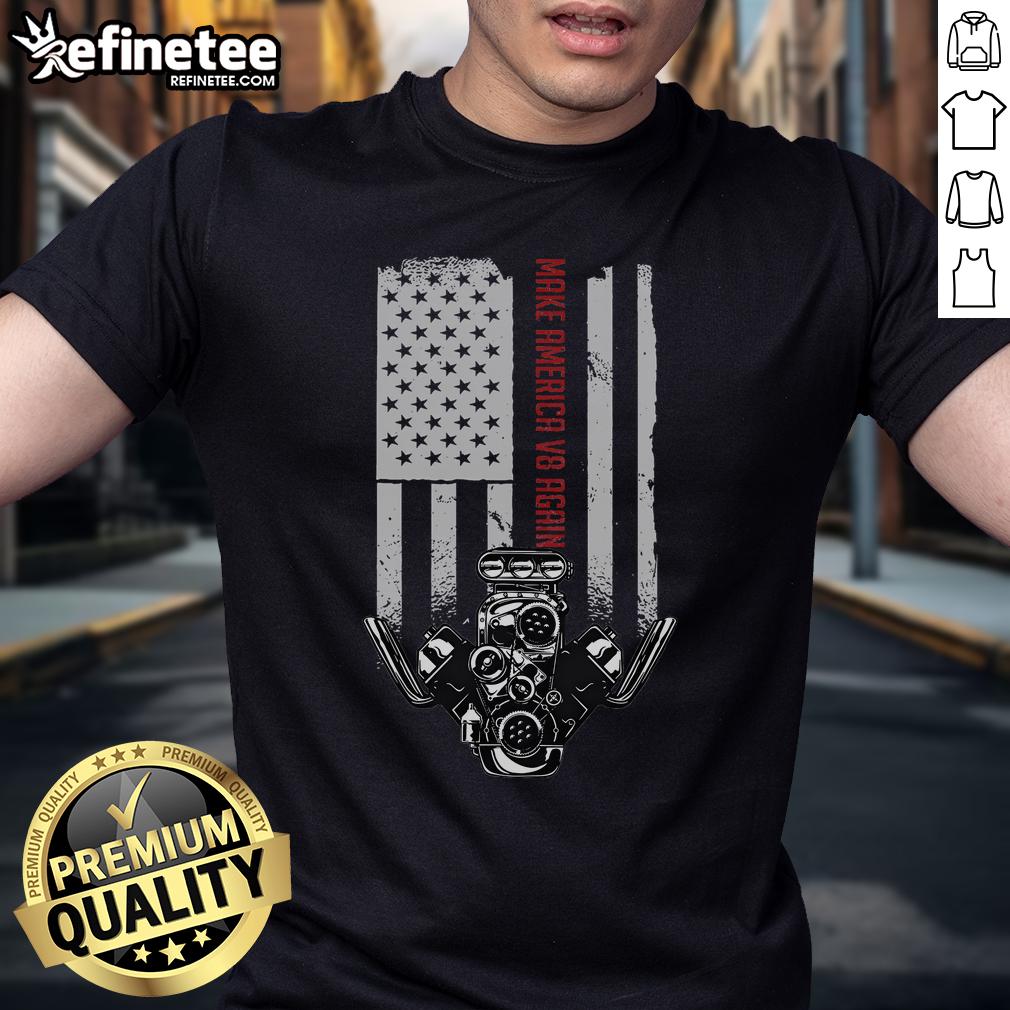 Alt Text: Hot Make America V8 Again T-Shirt featuring a USA V8 engine design, perfect for automotive enthusiasts.