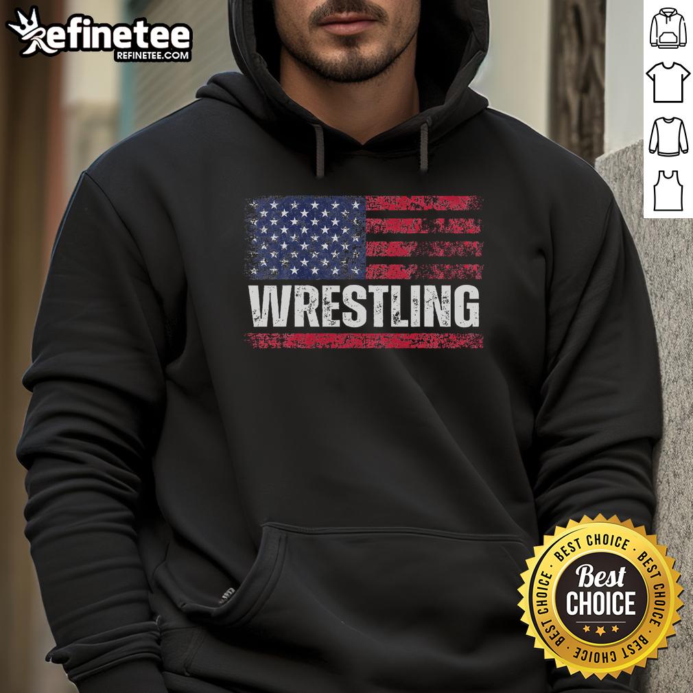 Vintage hoodie featuring hot US flag design, perfect for wrestling fans celebrating American pride in style.