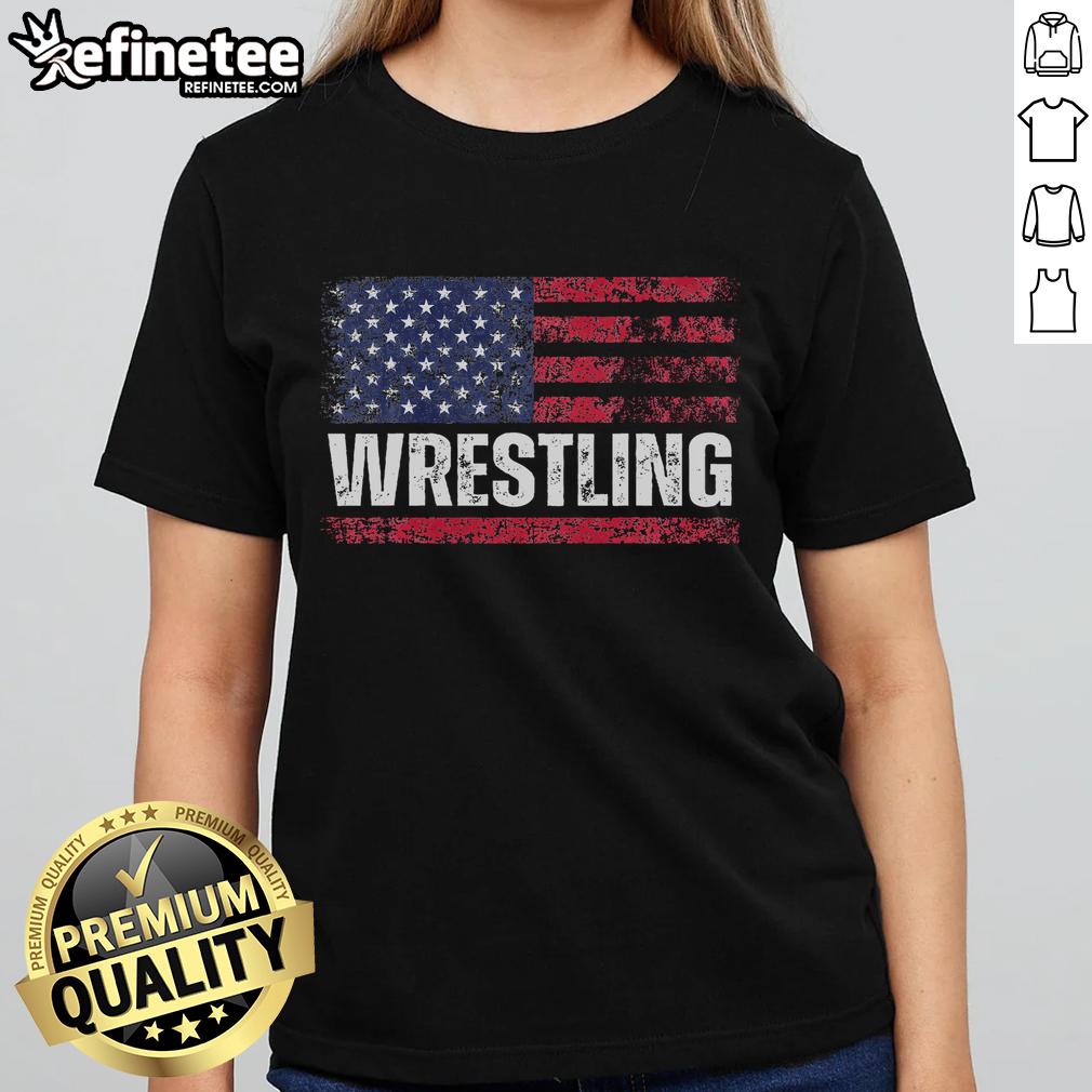 Vintage ladies tee featuring a hot US flag design for wrestling fans, showcasing American pride and athletic spirit.