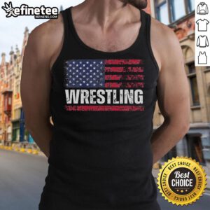 Vintage tank top featuring a hot US flag design, perfect for wrestling enthusiasts and patriotic fans.