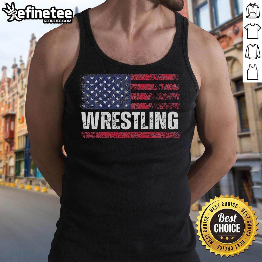 Vintage tank top featuring a hot US flag design, perfect for wrestling enthusiasts and patriotic fans.