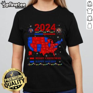 2024 Electoral Map featuring Trump Landslide design on a Merry Christmas Holiday Ladies Tee shirt.