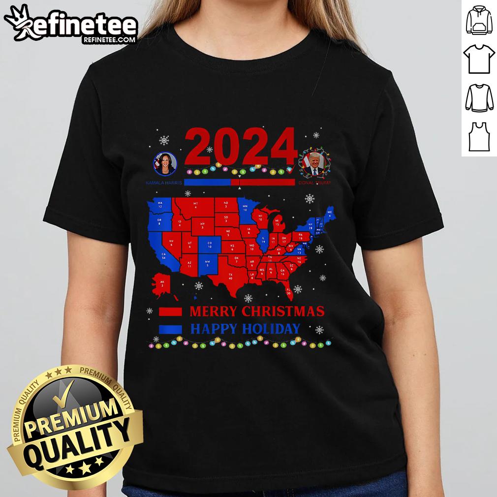 2024 Electoral Map featuring Trump Landslide design on a Merry Christmas Holiday Ladies Tee shirt.