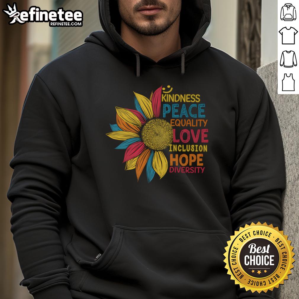 Colorful sunflower hoodie promoting peace, love, inclusion, equality, and diversity in a vibrant design.