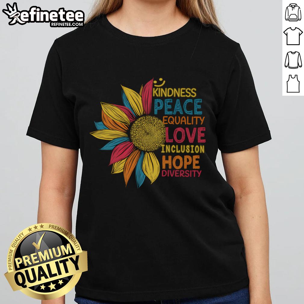 Colorful sunflower graphic on a ladies tee promoting peace, love, inclusion, equality, and diversity. Perfect for summer wear.