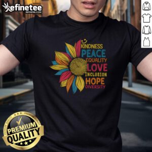 Vibrant sunflower design on a T-shirt promoting peace, love, inclusion, equality, and diversity.