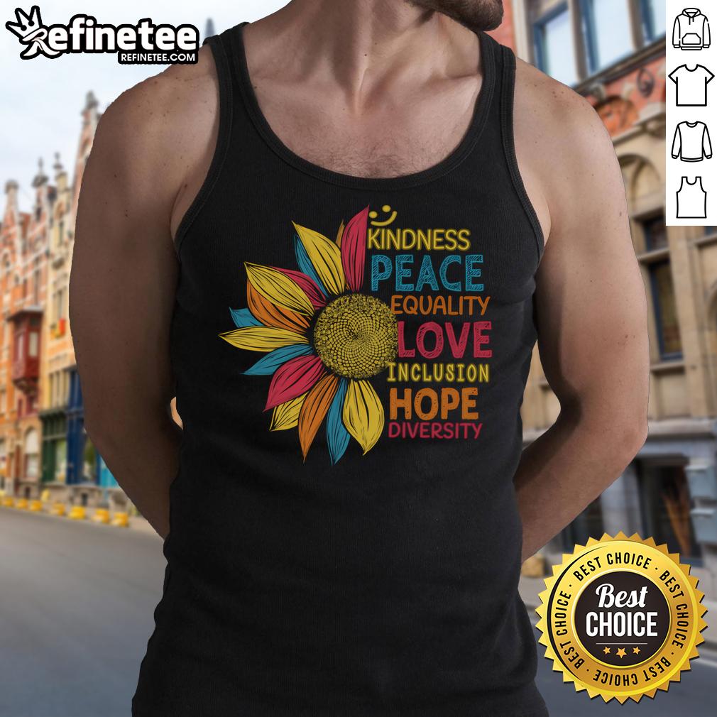 Colorful sunflower tank top promoting peace, love, inclusion, equality, and diversity in vibrant design.