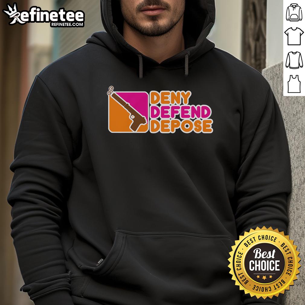 Cozy Nice Deny Defend Depose Donuts hoodie displayed on a mannequin, perfect for casual style and donut lovers.