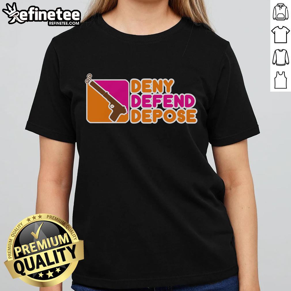 Nice Deny Defend Depose Donuts Ladies Tee featuring a fun donut graphic and stylish text for casual wear.