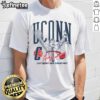 Cartoon of Geno Auriemma celebrating a win on a basketball coach t-shirt, perfect for fans and sports enthusiasts.
