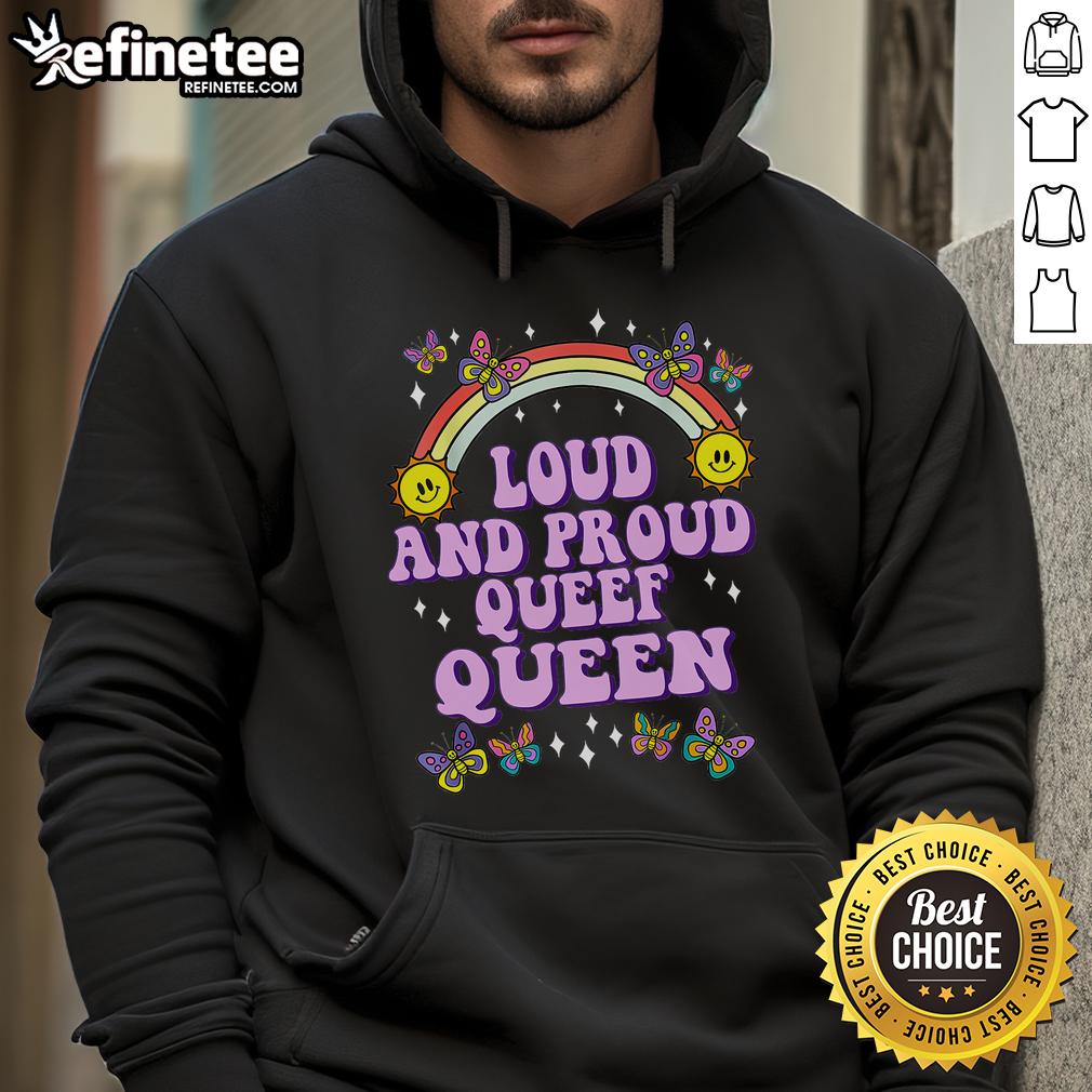 Funny 'Nice Queef Queen' hoodie design featuring humorous queefing graphic, perfect for lighthearted fashion and gifts.