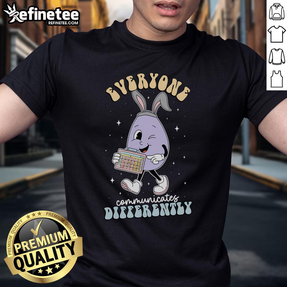 Nice Speech Therapy Easter Day T-Shirt showcasing diverse communication styles with colorful graphics and playful design.