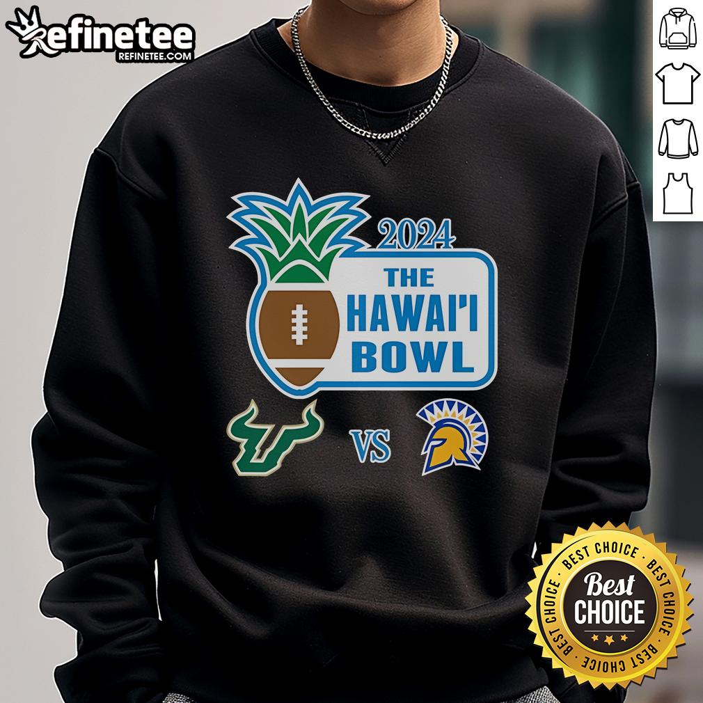 Official 2024 Hawaii Bowl sweatshirt featuring South Florida Bulls vs San Jose Spartans logo and design elements.