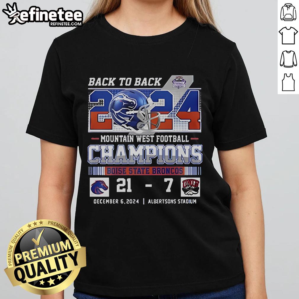 Boise State Broncos 2024 Mountain West Champions ladies tee celebrating back-to-back wins against UNLV, score 21-7.