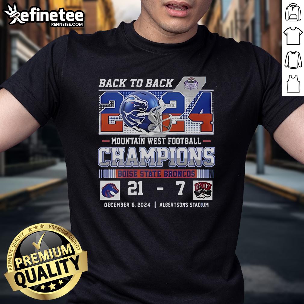 Boise State Broncos 2024 Mountain West Champions T-Shirt featuring UNLV 21-7 score, celebrating back-to-back victories.