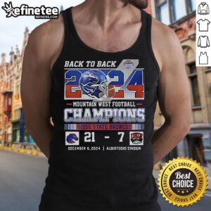 Boise State Broncos celebrate 2024 Mountain West Champions title with tank top featuring UNLV 21-7 victory score.