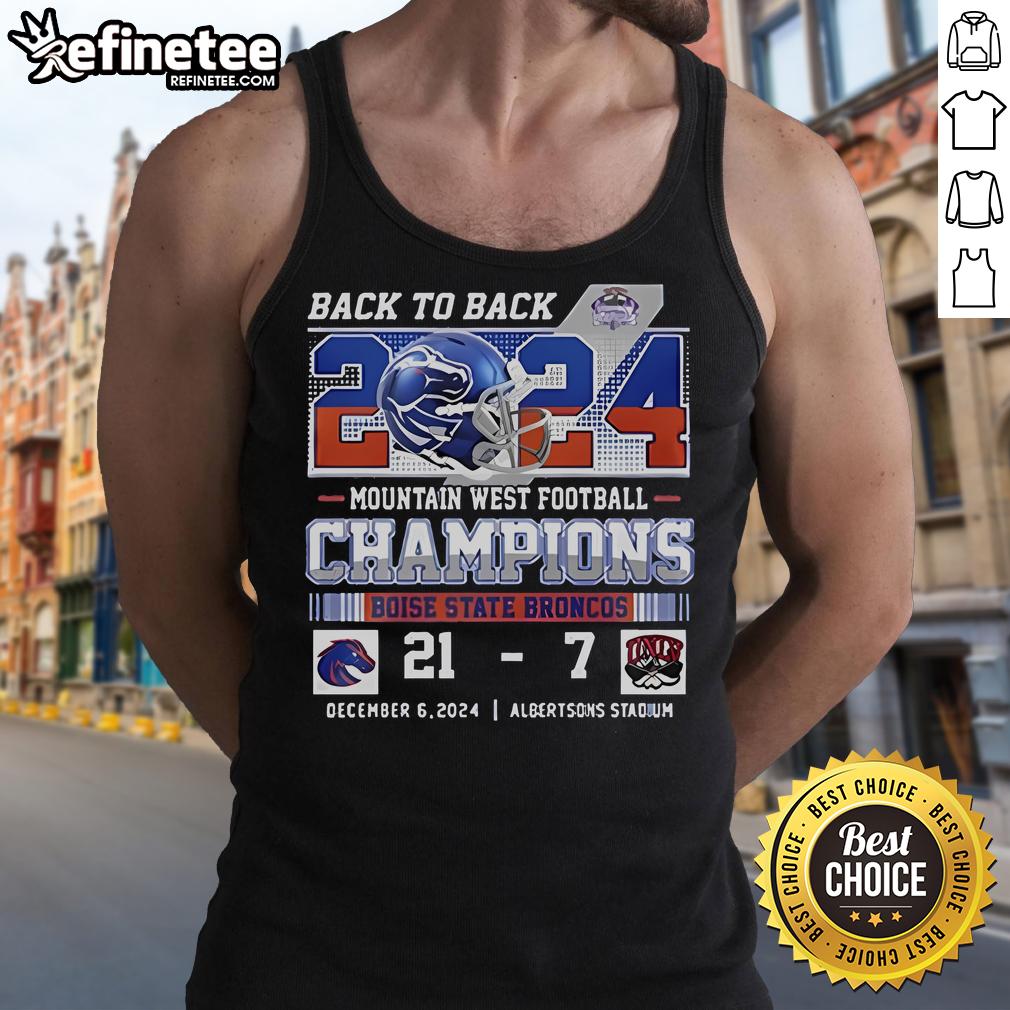 Boise State Broncos celebrate 2024 Mountain West Champions title with tank top featuring UNLV 21-7 victory score.
