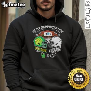 Alt Text: Official Big Ten Football Championship hoodie featuring Oregon Ducks and Penn State Nittany Lions helmet designs.
