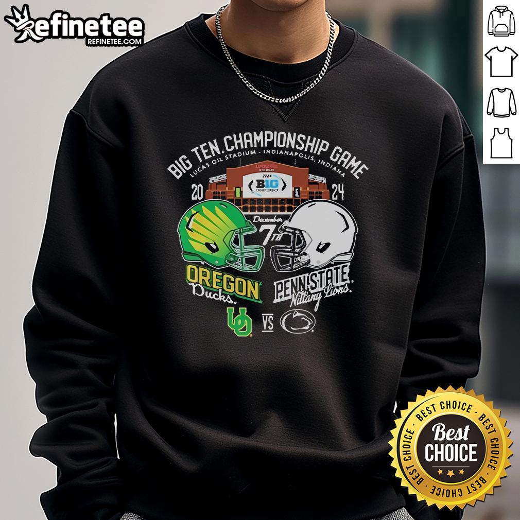 Official Big Ten Football Championship sweatshirt featuring Oregon Ducks and Penn State Nittany Lions helmets.