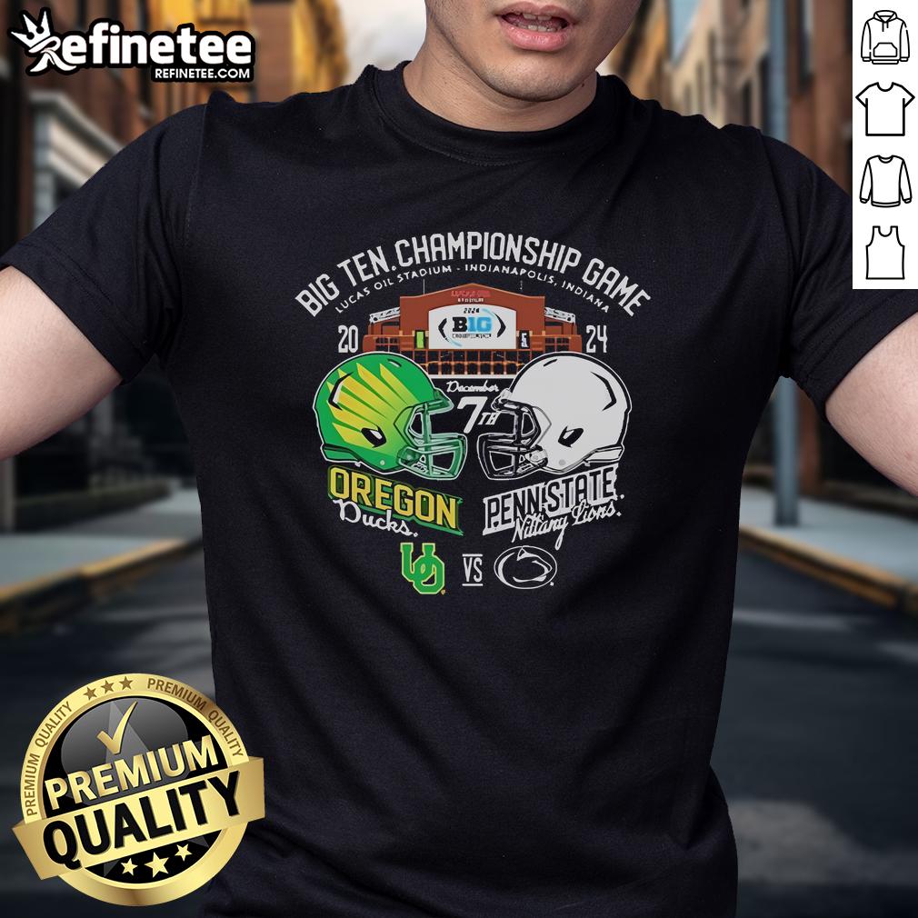 Alt Text: Official Big Ten Football Championship T-Shirt featuring Oregon Ducks and Penn State Nittany Lions helmets.