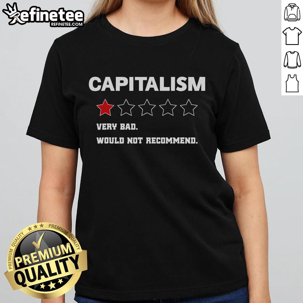 Official Capitalism Very Bad Would Not Recommend Ladies Tee featuring bold text design on a stylish women's t-shirt.