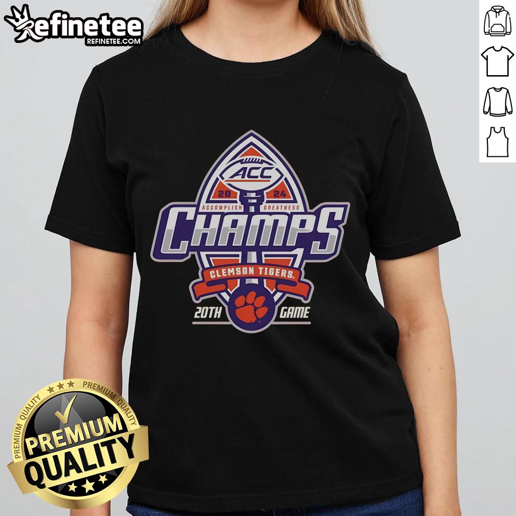Alt Text: Official Clemson Tigers Blue 84 2024 ACC Football Conference Champions ladies tee displayed in a locker room setting.