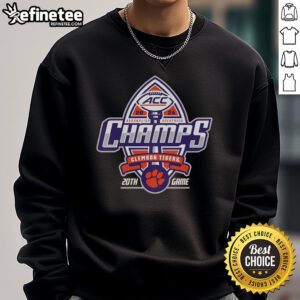 Clemson Tigers 2024 ACC Football Champions sweatshirt in locker room, showcasing team pride and championship spirit.
