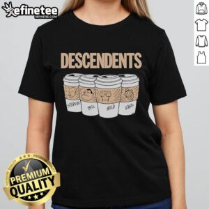 Alt Text: 2024 Ladies Tee featuring Descendents Stephen Bill Mild Karl design with 4 mugs graphic for fans.