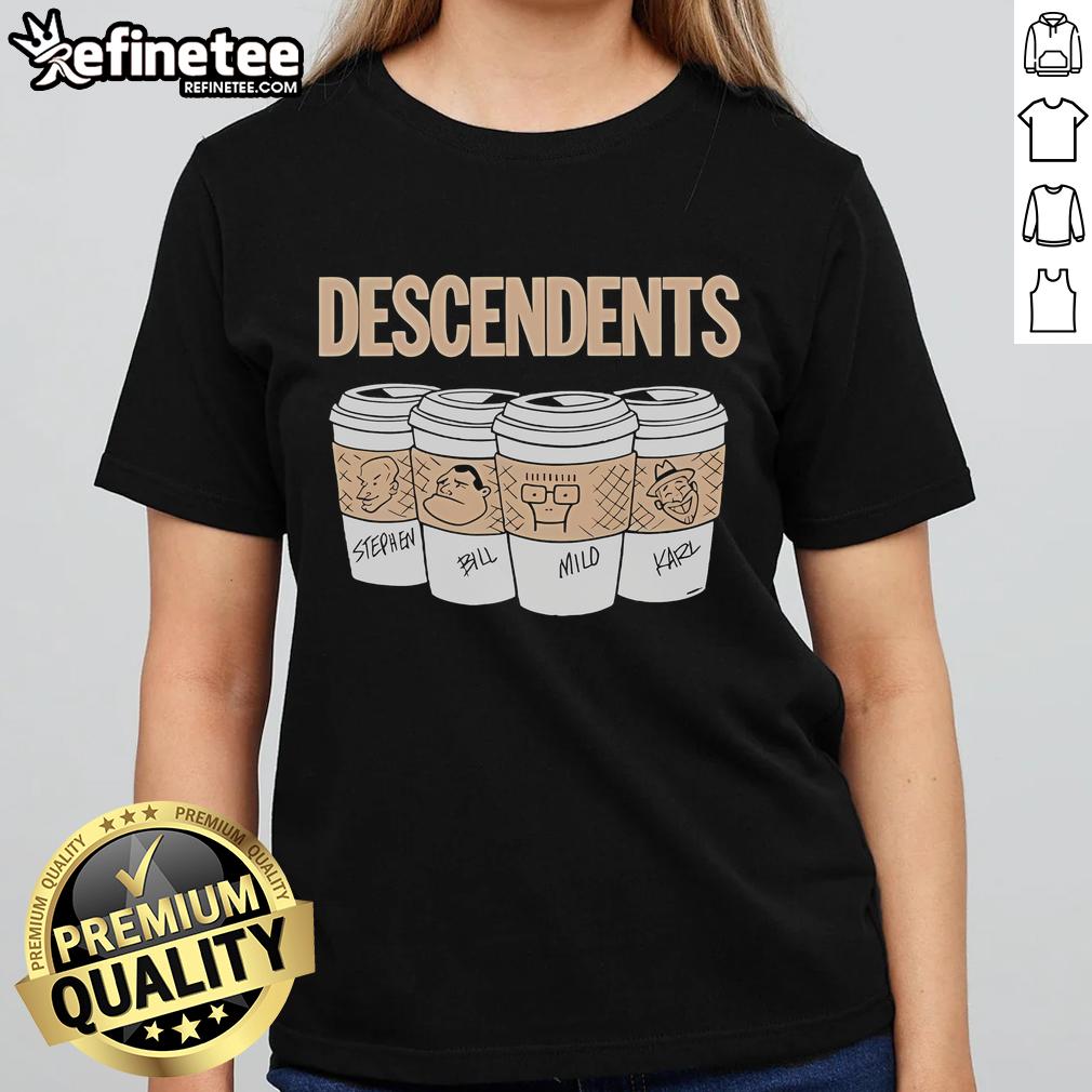 Alt Text: 2024 Ladies Tee featuring Descendents Stephen Bill Mild Karl design with 4 mugs graphic for fans.