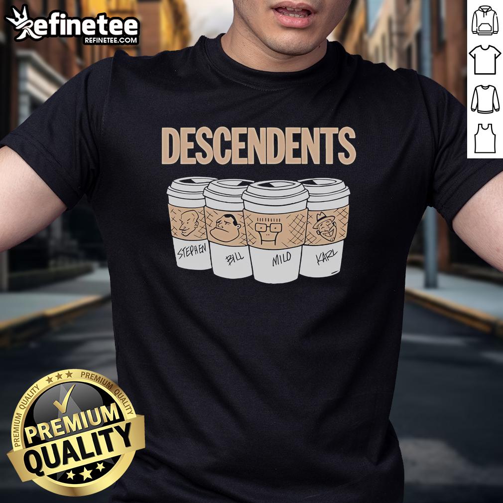 Alt Text: Official Descendents Stephen Bill Mild Karl 4 Mugs 2024 T-Shirt featuring iconic band graphics and vibrant colors.