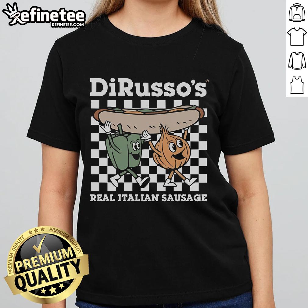 Alt Text: Official Dirussos Pepper Onion Sausage Sandwich Ladies Tee featuring vibrant design and comfortable fit.