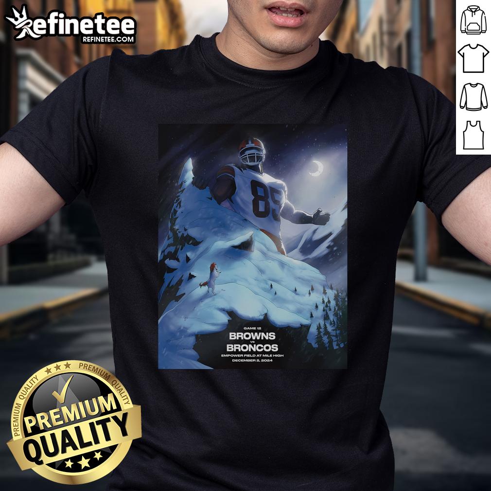 Official Game 12 poster T-shirt featuring Cleveland Browns vs. Denver Broncos at Empower Field, December 2, 2024.