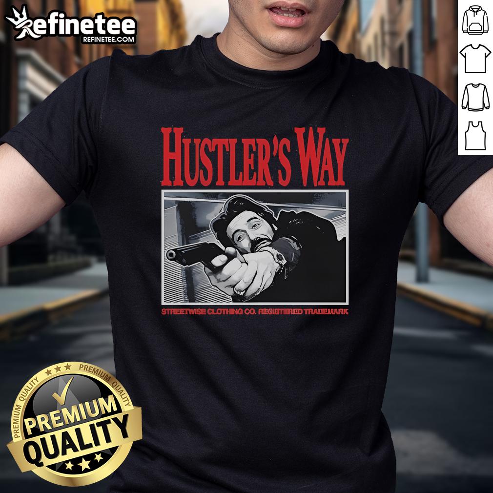 Official Hustler's Way Streetwise Clothing Co trademark t-shirt featuring bold logo design for stylish streetwear enthusiasts.