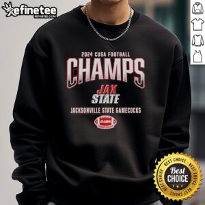 Official Jacksonville State Gamecocks 2024 C-USA Football Conference Champions locker sweatshirt in team colors.