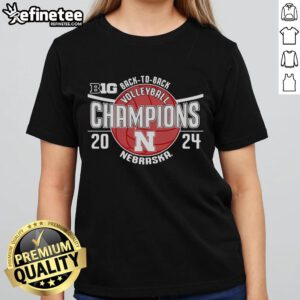 Official Nebraska Huskers back-to-back Big Ten women's volleyball champions ladies tee shirt in red and white.