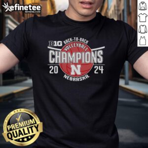 Official Nebraska Huskers Back-To-Back Big Ten Women's Volleyball Champions T-Shirt featuring team colors and logo.