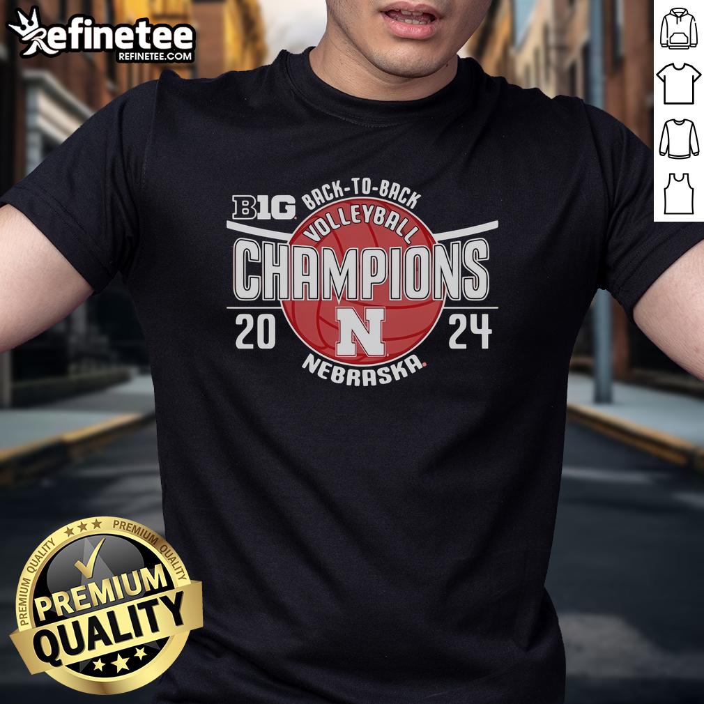Official Nebraska Huskers Back-To-Back Big Ten Women's Volleyball Champions T-Shirt featuring team colors and logo.