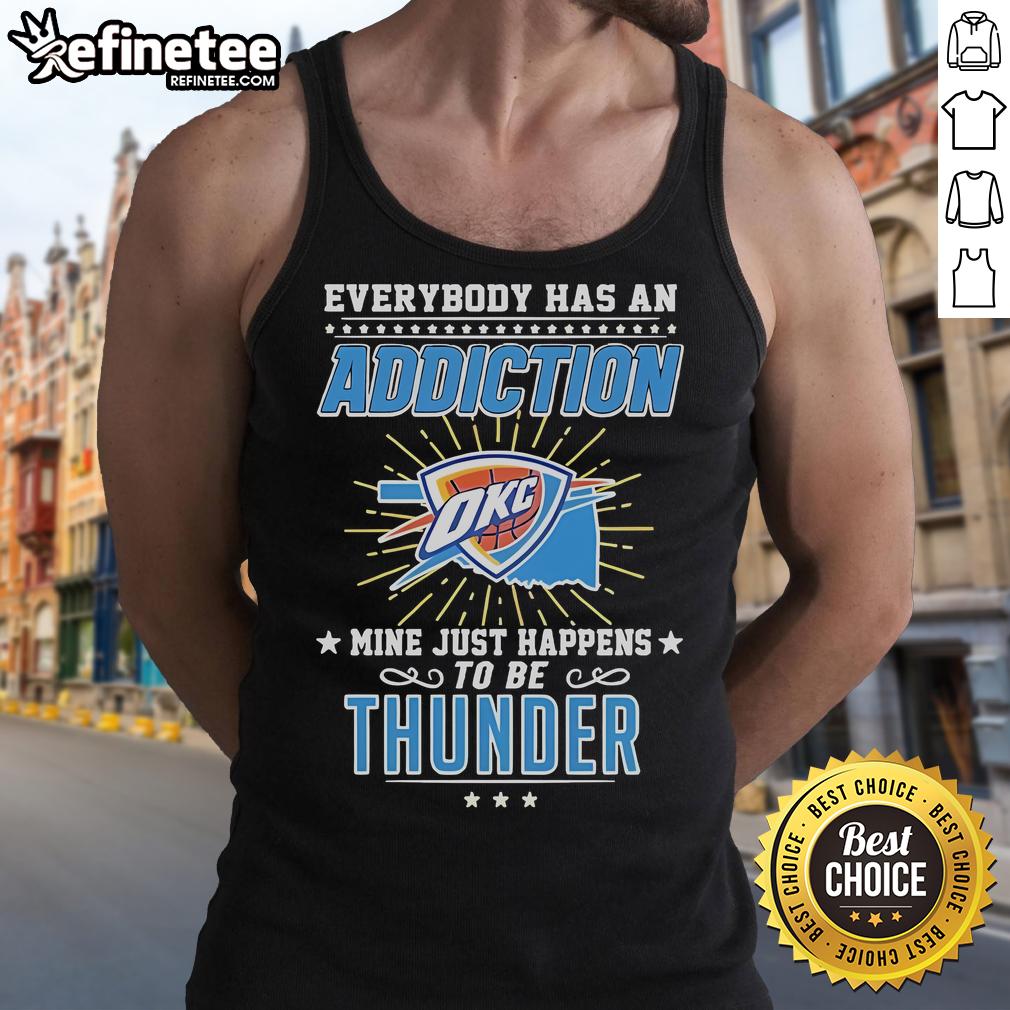 Alt Text: Official Everybody Has An Addiction OKC Thunder tank top showcasing sports fandom and team pride.