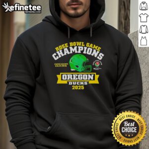 Alt Text: 2025 Oregon Ducks Official Rose Bowl Game Champions hoodie in green, featuring team logo and championship graphics.
