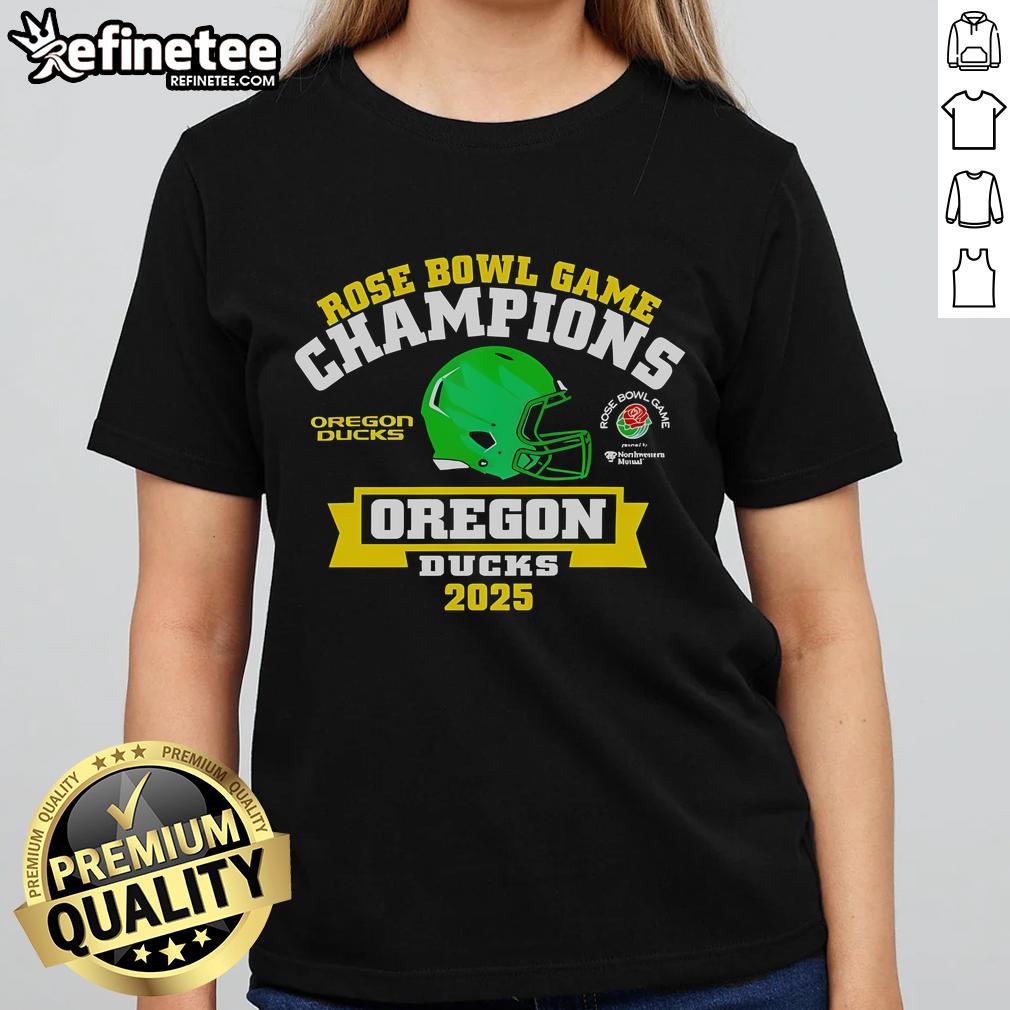 Official Rose Bowl Game Champions Oregon Ducks 2025 Ladies Tee featuring team logo and vibrant colors for fans.