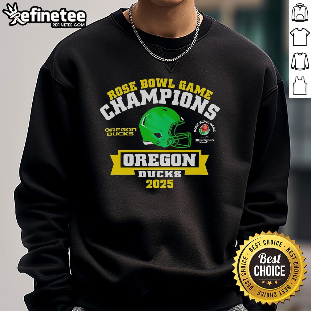 Official Oregon Ducks 2025 Rose Bowl Game Champions sweatshirt showcasing team colors and logo.
