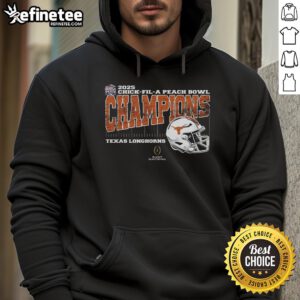 Alt Text: Official Texas Longhorns 2025 Chick-fil-A Peach Bowl Champions college football playoff helmet hoodie design.