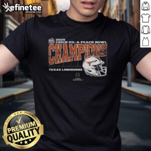 Texas Longhorns 2025 Chick Fil A Peach Bowl Champions T-Shirt featuring college football playoff helmet design.