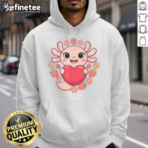 Cute axolotl with a heart surrounded by strawberries on a cozy hoodie, perfect for animal lovers and fashion enthusiasts.