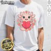 Adorable axolotl graphic on a t-shirt surrounded by hearts and strawberries, perfect for axolotl lovers.