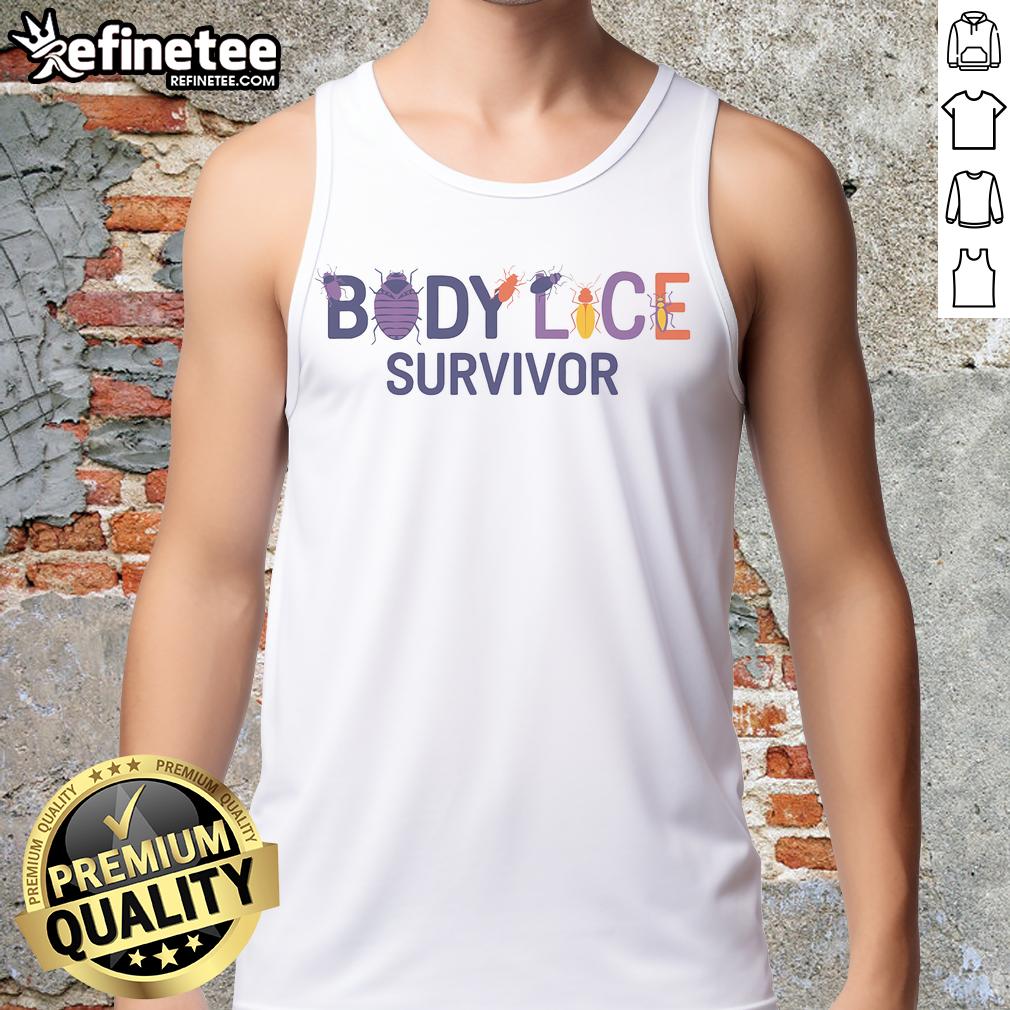Funny Body Lice Survivor graphic tank top featuring cartoon bugs and insects for humorous apparel lovers.