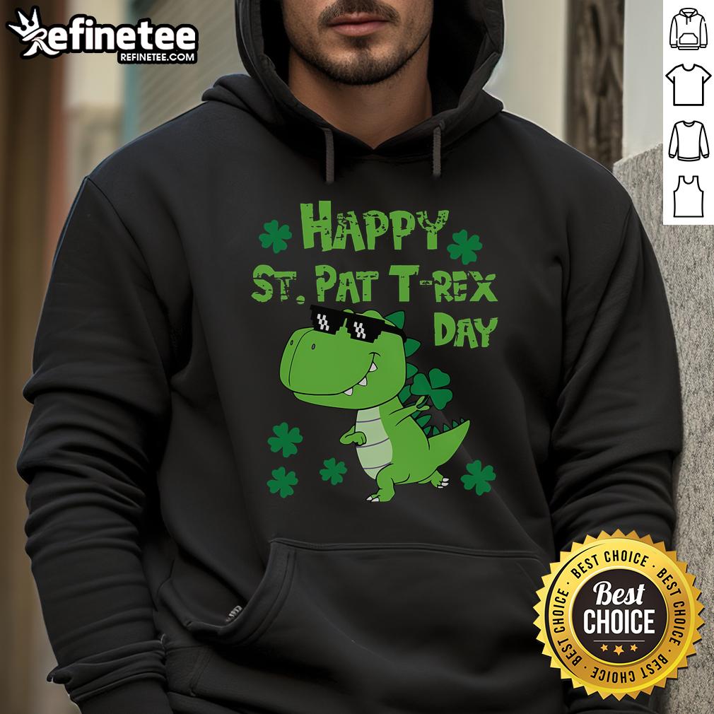 Happy St. Pat Rex dinosaur in a festive Saint Patrick's Day hoodie, celebrating with a cheerful smile and green accents.