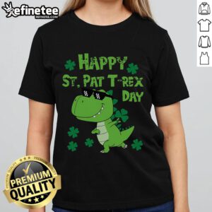 Happy St. Pat Rex dinosaur design on a ladies tee for Saint Patrick's Day celebration, featuring vibrant green colors.