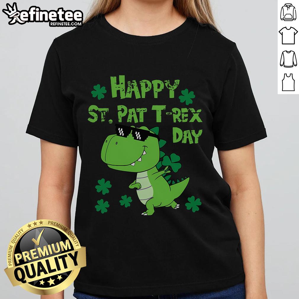 Happy St. Pat Rex dinosaur design on a ladies tee for Saint Patrick's Day celebration, featuring vibrant green colors.