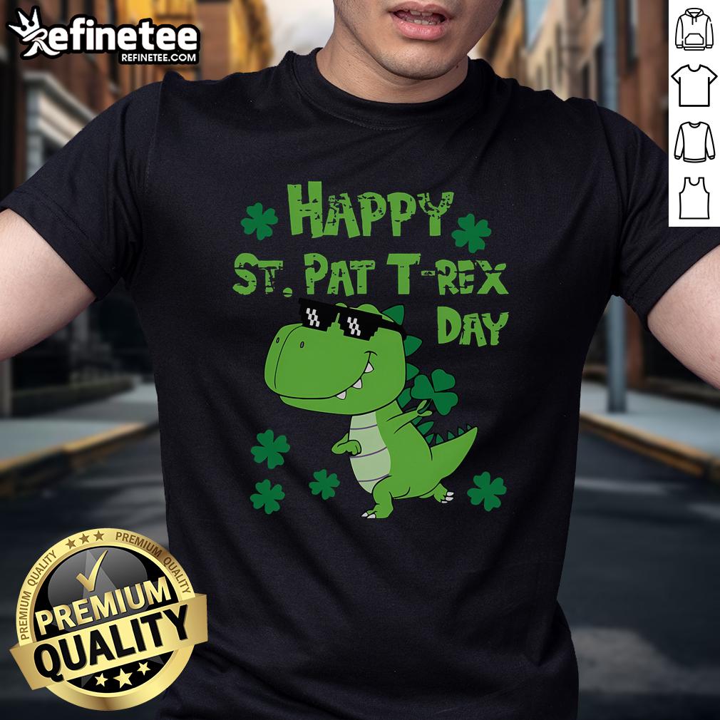 Alt Text: Happy St Pat Rex Dinosaur in festive attire for Saint Patrick's Day T-Shirt design with shamrocks and vibrant colors.